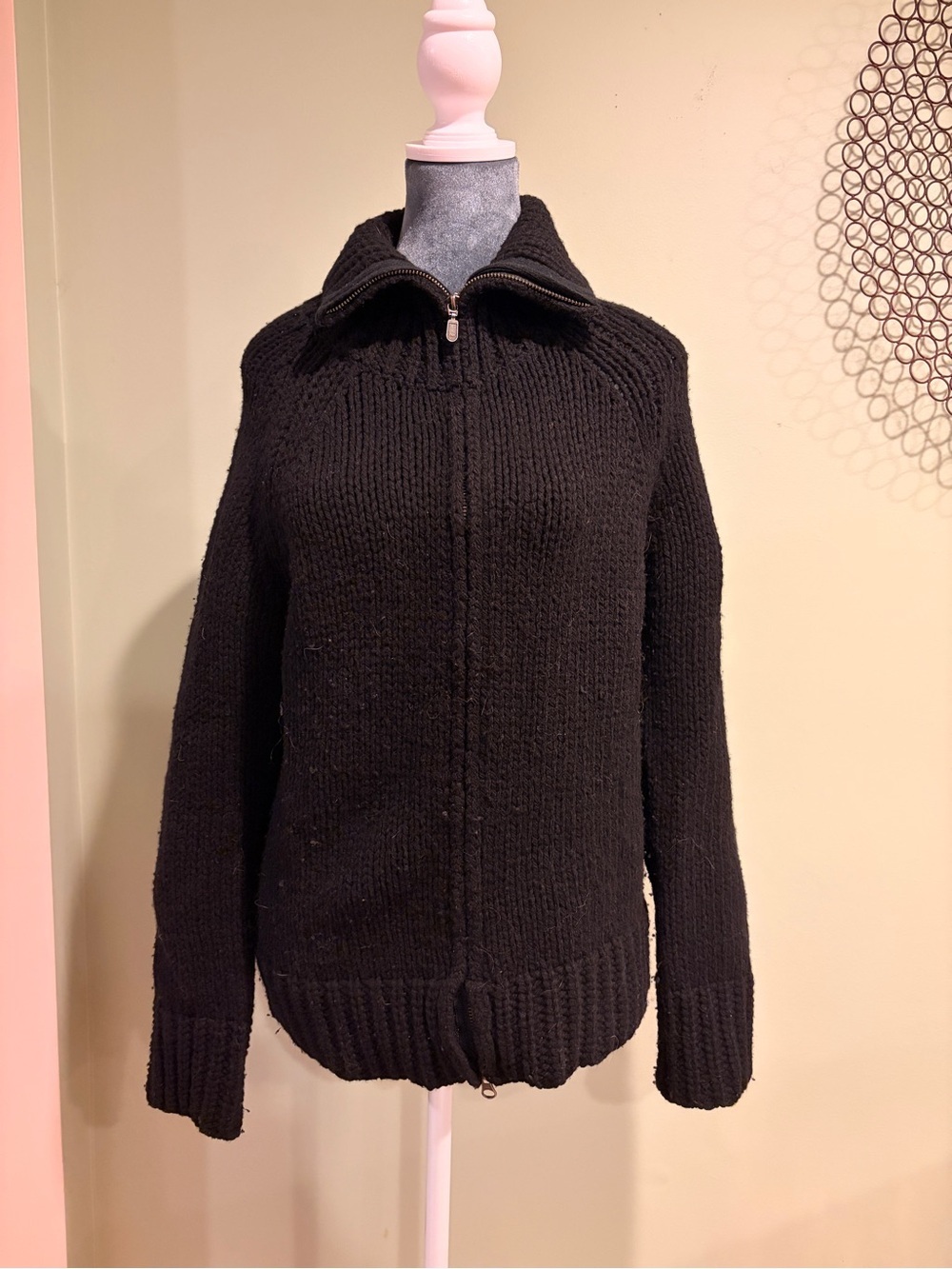 Old Navy Black Lambswool Chunky Knit Zip-Up Sweater Jacket Size L